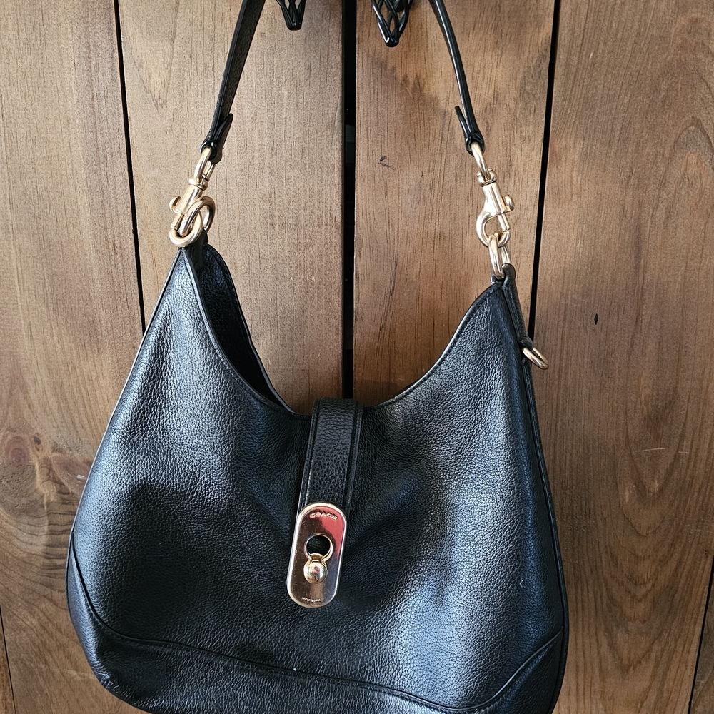 Coach Black Leather Hobo Bag with Gold Accents